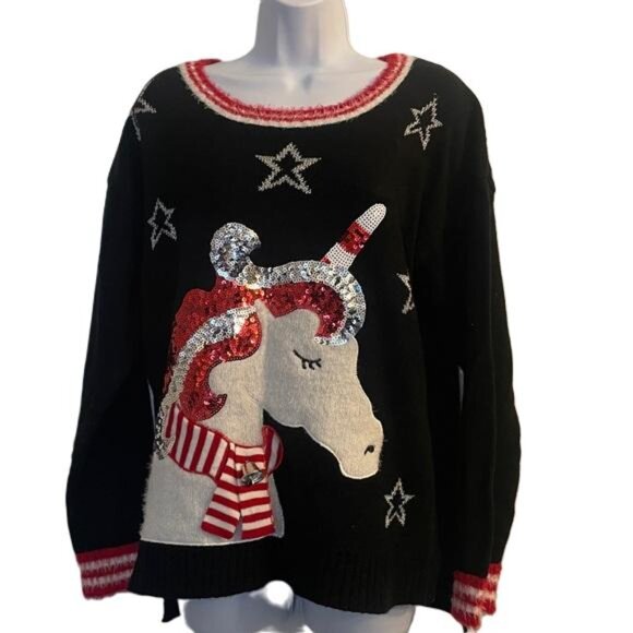 Scarved Unicorn Christmas Black Knit Sweater, Ugly Sweater, 32 Degrees, Large - Picture 1 of 5